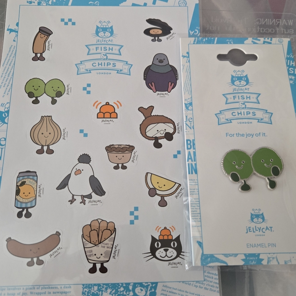Jellycat Fish & Chips Stickers and Mushy Pea Pin  New with Tags!